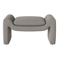 Gray striped ottoman with a modern design, featuring soft, textured fabric and a minimalist silhouette.