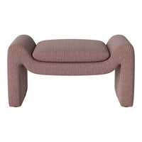 Pink striped ottoman with soft, textured fabric and a modern, curved design. Perfect for any decor style.