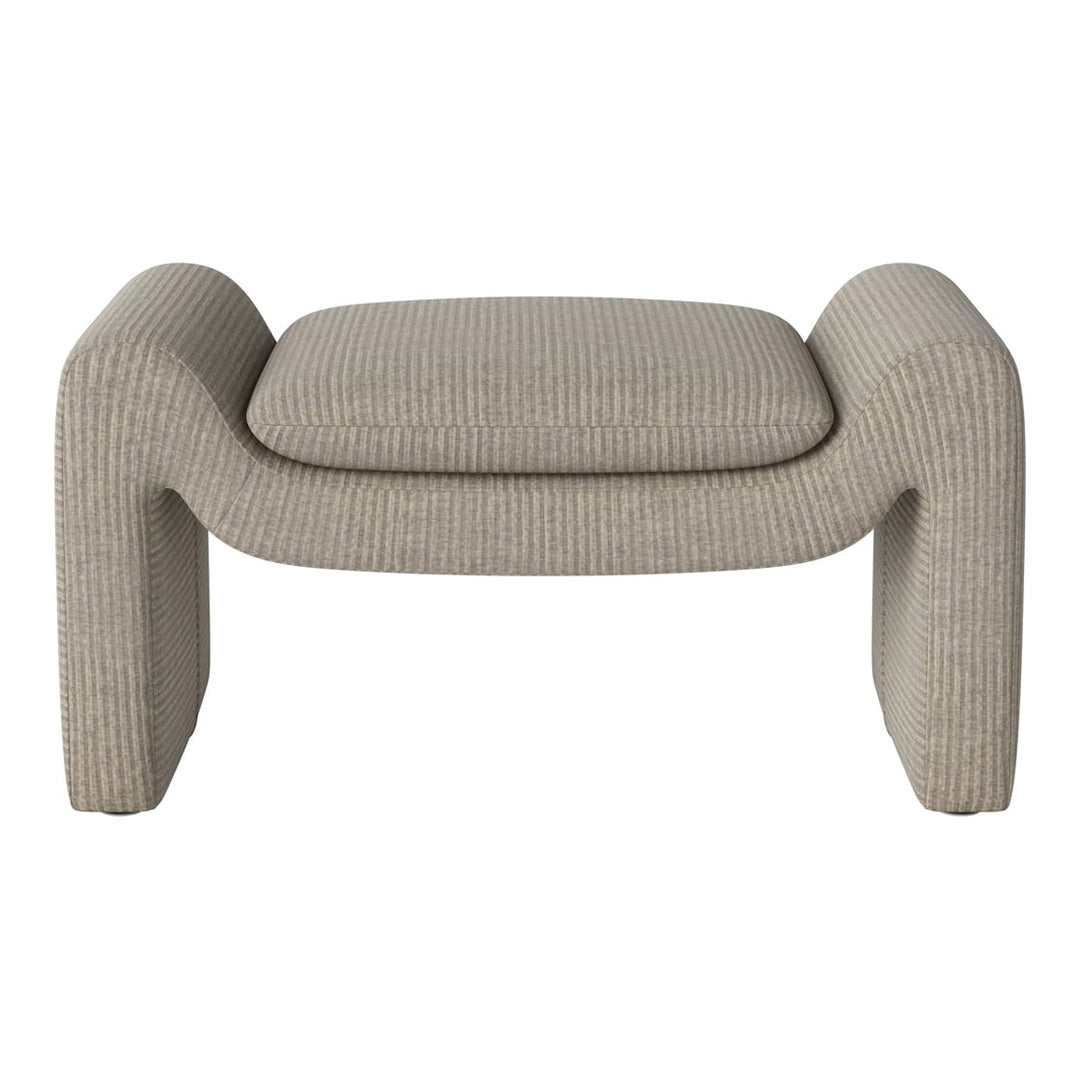 Beige striped ottoman with a modern design, featuring a soft, textured fabric for a stylish touch.