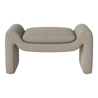 Beige striped ottoman with a modern design, featuring a soft, textured fabric for a stylish touch.