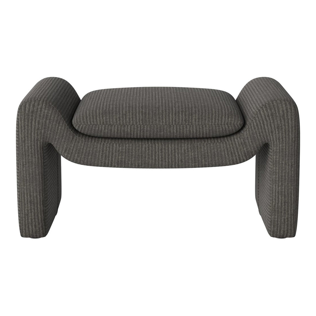 Gray striped ottoman with a modern, soft texture and rounded edges, perfect for contemporary interiors.