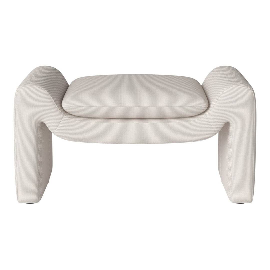 Beige ottoman with subtle horizontal ribbed texture and a modern curved shape, perfect for stylish interior decor.