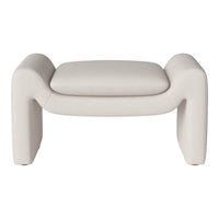 Beige ottoman with subtle horizontal ribbed texture and a modern curved shape, perfect for stylish interior decor.
