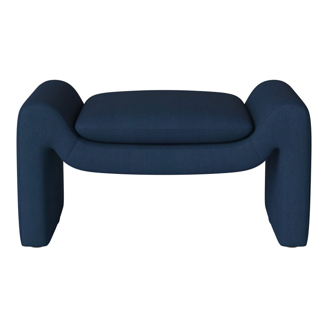 Blue striped ottoman with smooth curves and modern design, perfect for stylish home decor.