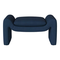 Blue striped ottoman with smooth curves and modern design, perfect for stylish home decor.
