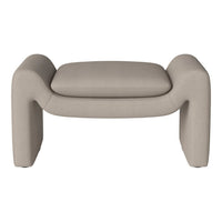 Beige striped ottoman with rounded edges and a plush cushion, perfect for modern decor.