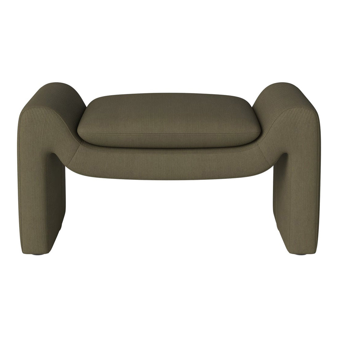 Olive green upholstered ottoman featuring a subtle ribbed pattern and rounded edges for a modern look.