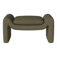 Olive green upholstered ottoman featuring a subtle ribbed pattern and rounded edges for a modern look.