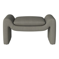 Gray striped ottoman with a modern design, featuring soft curves and textured upholstery. Perfect for contemporary decor.