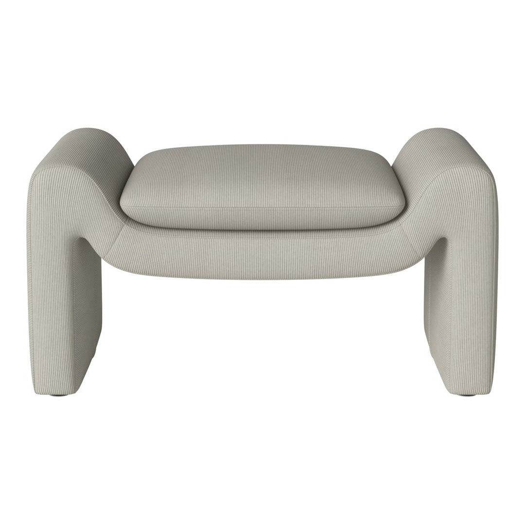 Beige striped ottoman with smooth, curved edges for a modern touch. Perfect for any stylish living space.