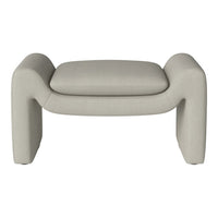 Beige striped ottoman with smooth, curved edges for a modern touch. Perfect for any stylish living space.