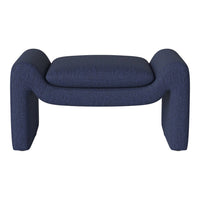 Blue upholstered ottoman with a textured pattern and curved edges, ideal for modern interiors.
