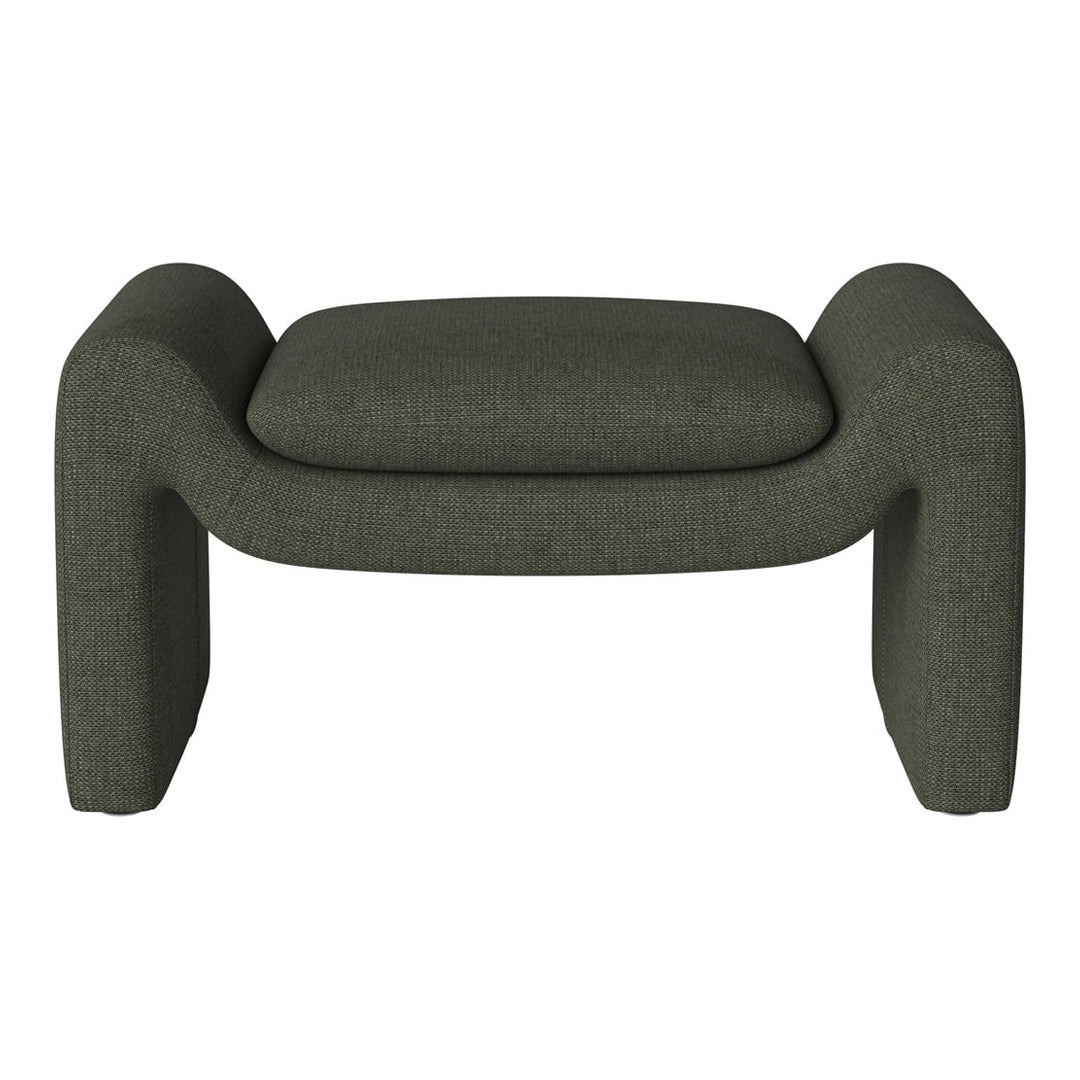 Olive green upholstered ottoman with a textured fabric and modern, rounded design. Ideal for contemporary decor.