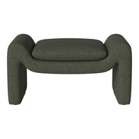 Olive green upholstered ottoman with a textured fabric and modern, rounded design. Ideal for contemporary decor.