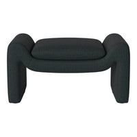 Dark green textured fabric ottoman with a modern, curved shape and minimalistic design.