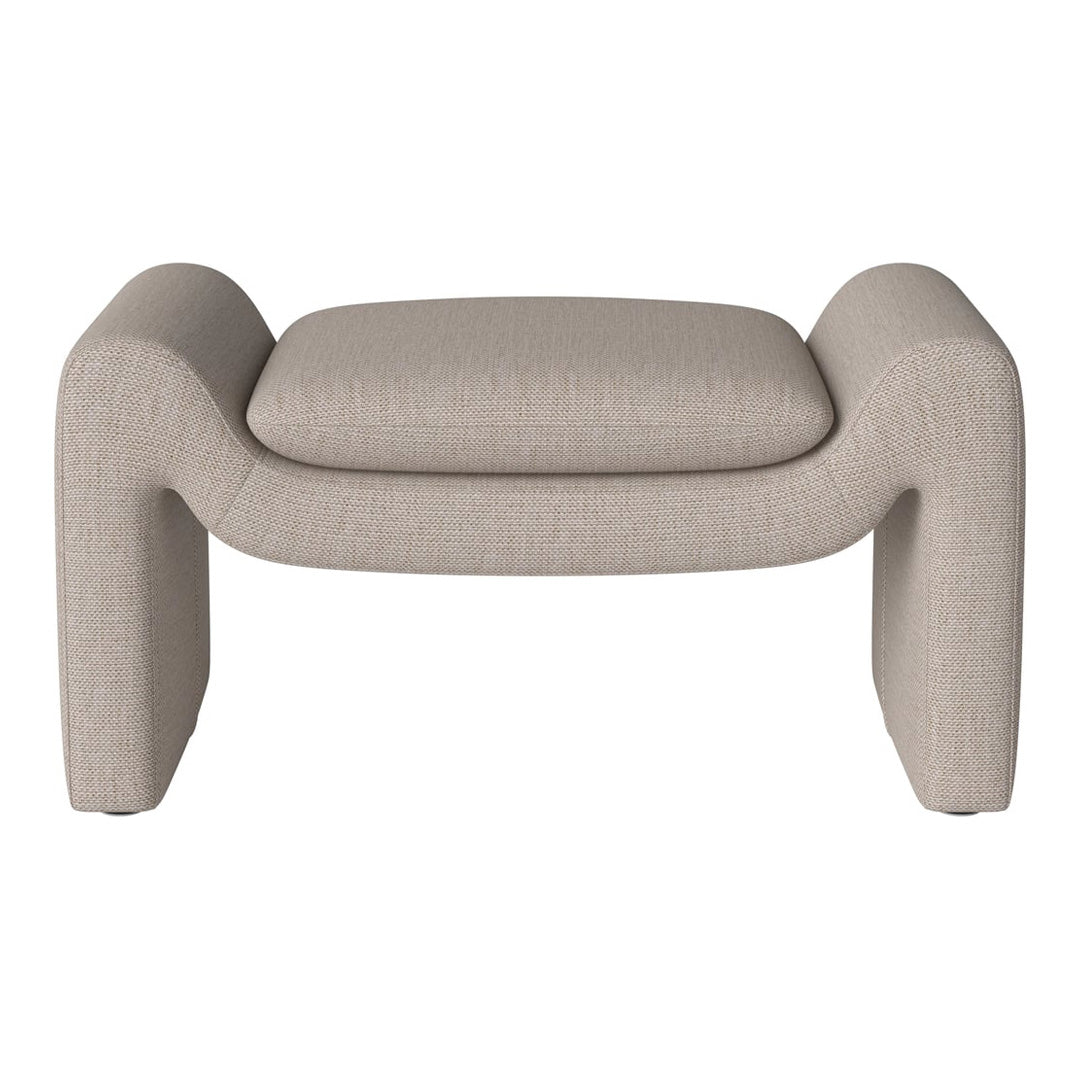 Beige fabric ottoman with a textured pattern and modern, curved design for stylish home decor.