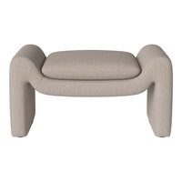 Beige fabric ottoman with a textured pattern and modern, curved design for stylish home decor.