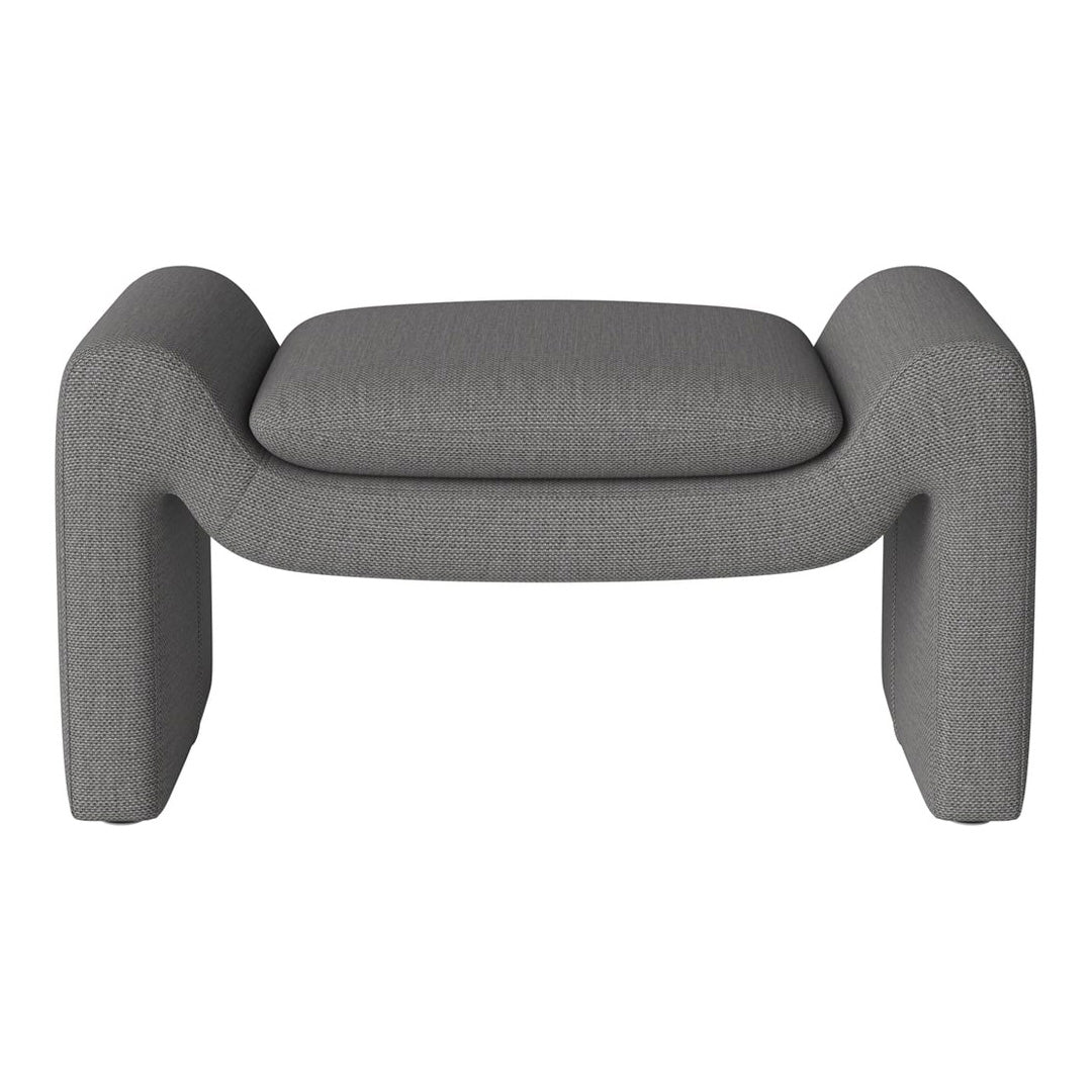 Stylish grey upholstered ottoman with a textured fabric and modern, minimalist design. Perfect for contemporary decor.