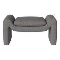Stylish grey upholstered ottoman with a textured fabric and modern, minimalist design. Perfect for contemporary decor.