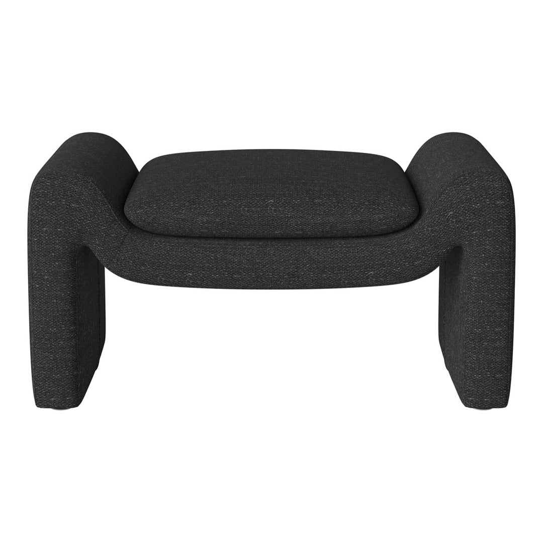 Modern black upholstered ottoman with textured fabric and sleek, minimalist design. Perfect for any contemporary decor.