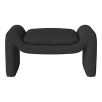 Modern black upholstered ottoman with textured fabric and sleek, minimalist design. Perfect for any contemporary decor.