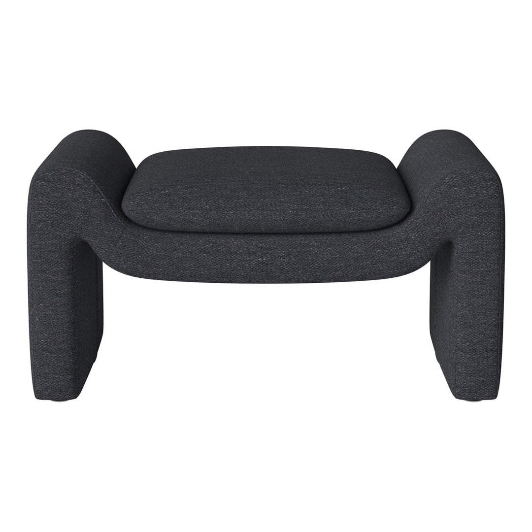 Stylish dark gray upholstered ottoman with a textured fabric pattern and modern, curved design.