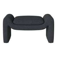 Stylish dark gray upholstered ottoman with a textured fabric pattern and modern, curved design.