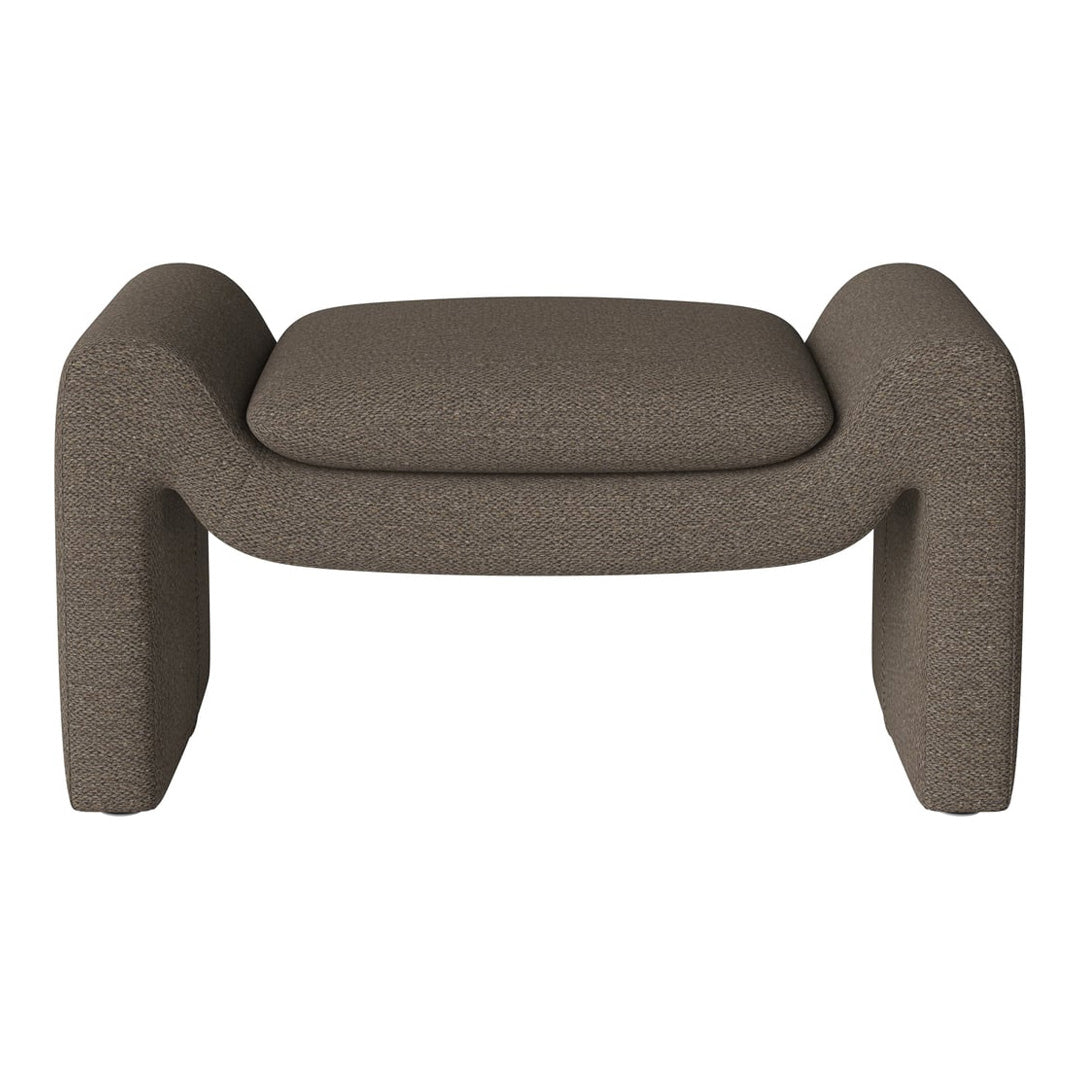 Brown textured ottoman with a smooth, plush seat and rounded edges, perfect for cozy, modern interiors.
