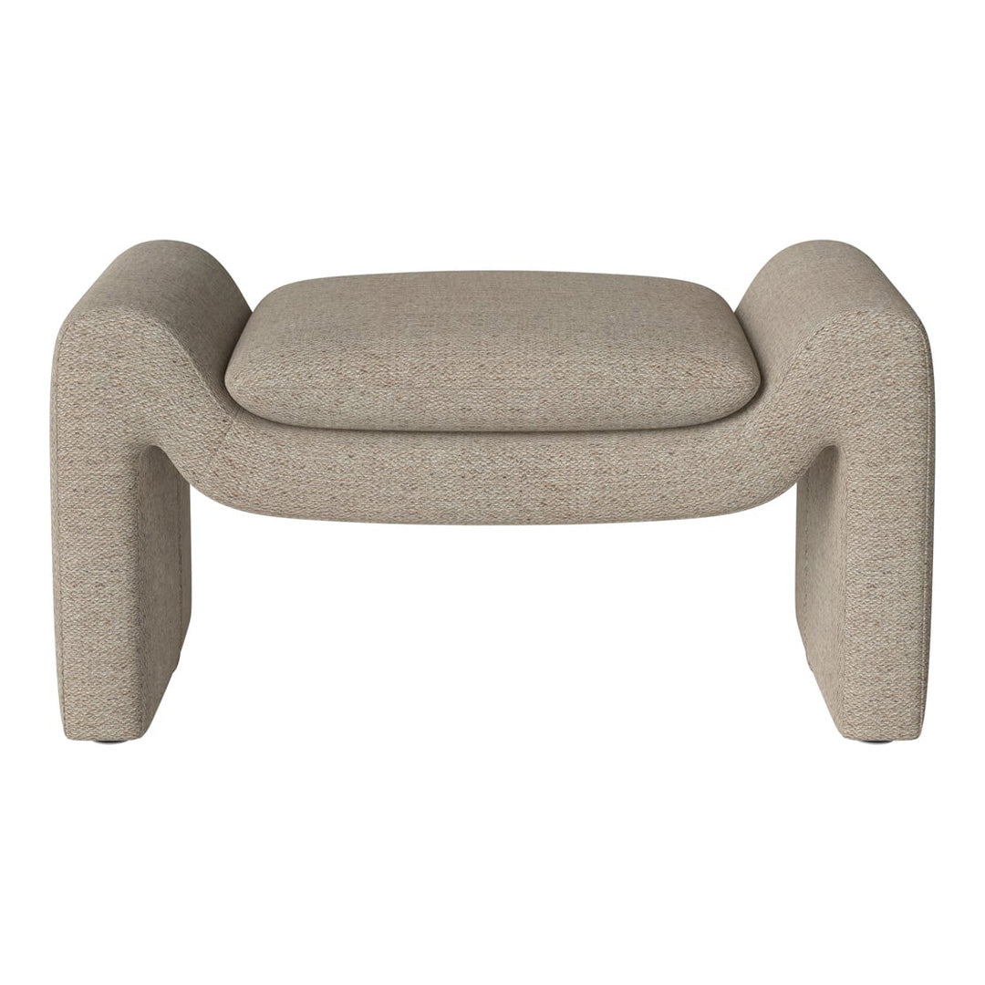 Beige upholstered ottoman with a textured, woven pattern, featuring rounded edges for a modern aesthetic.