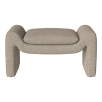 Beige upholstered ottoman with a textured, woven pattern, featuring rounded edges for a modern aesthetic.