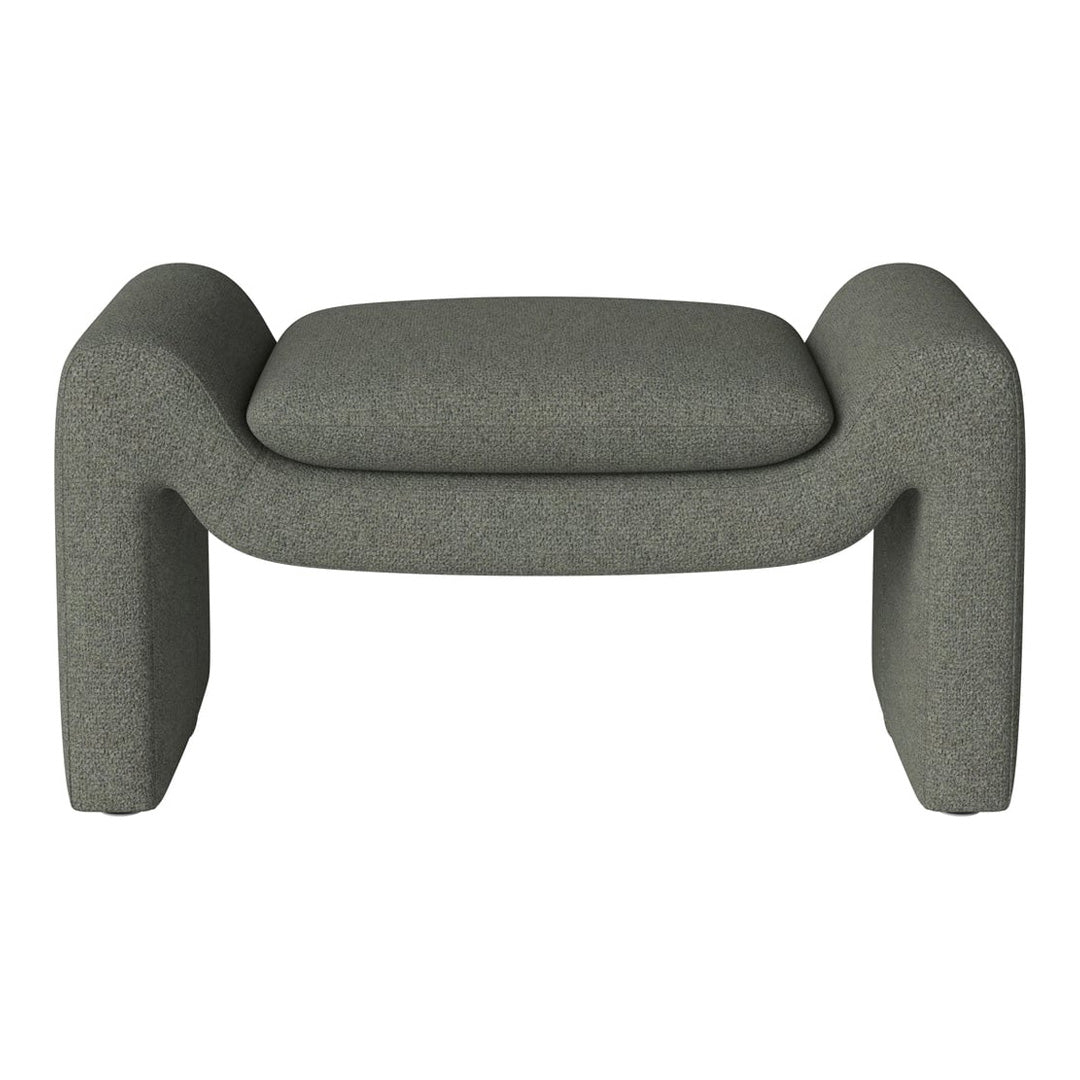 Contemporary gray ottoman with textured fabric and smooth, curved lines, perfect for modern interiors.