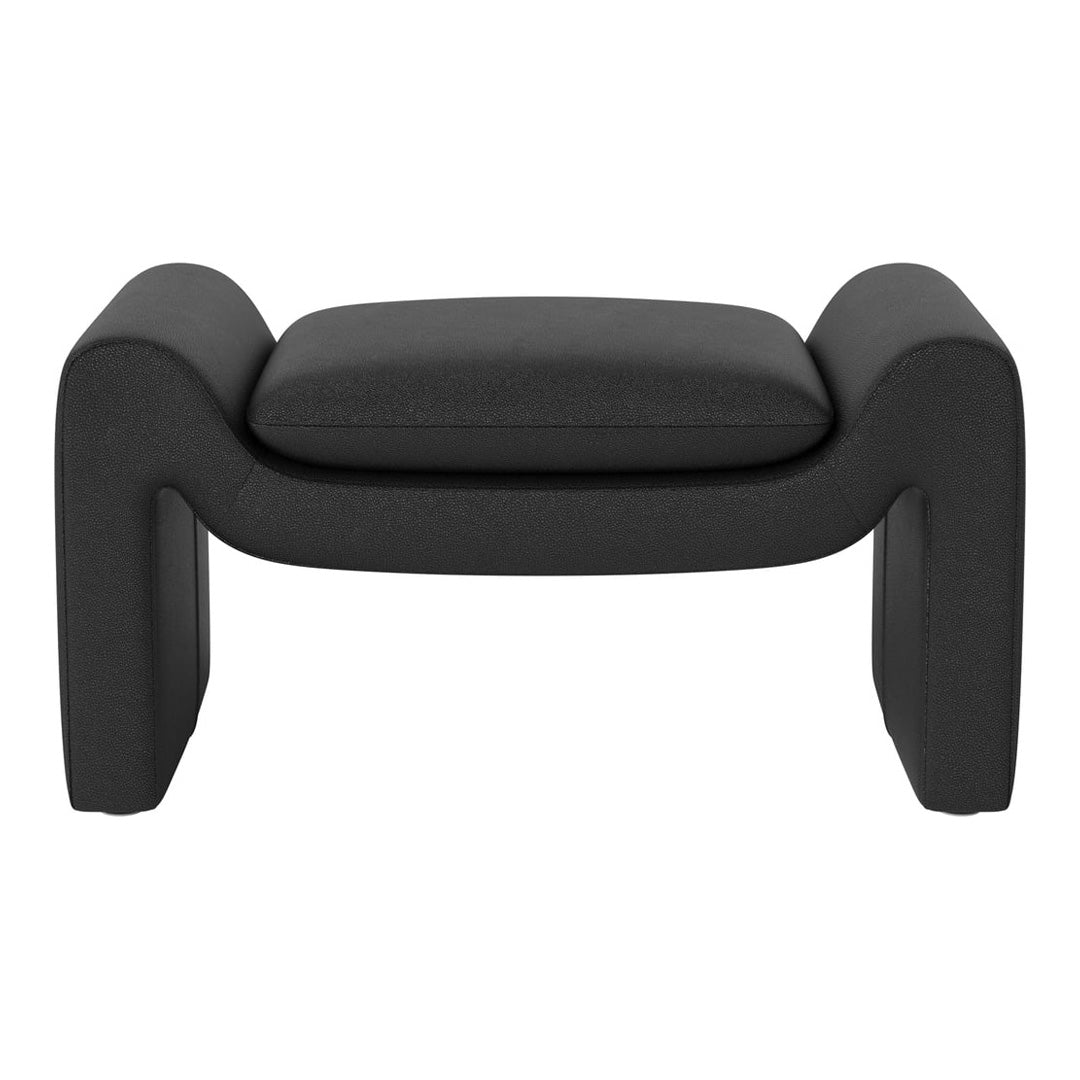 Black upholstered ottoman with smooth, minimalist design and rounded edges, perfect for modern decor.