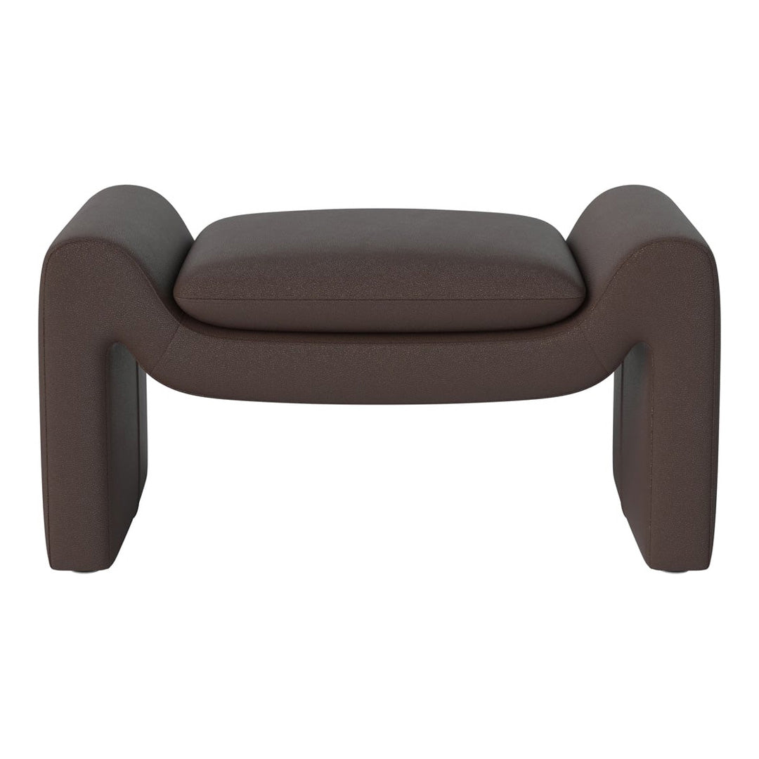 Brown upholstered ottoman with a smooth texture and minimalist, modern design. Perfect for stylish home decor.