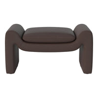 Brown upholstered ottoman with a smooth texture and minimalist, modern design. Perfect for stylish home decor.