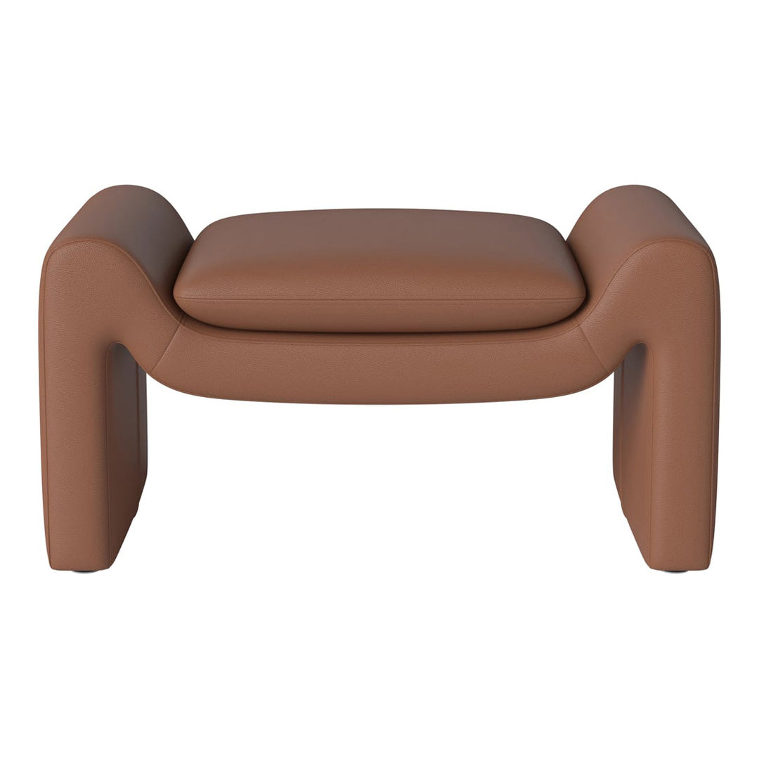 Brown leather ottoman with smooth texture and modern, minimalist design. Ideal for contemporary decor.