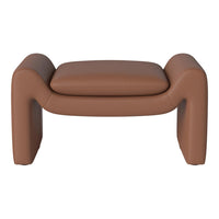 Brown leather ottoman with smooth texture and modern, minimalist design. Ideal for contemporary decor.