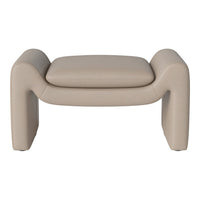 Beige upholstered ottoman with a smooth, textured finish and modern, curved edges. Ideal for contemporary decor.