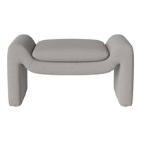 Light gray upholstered ottoman with a smooth, minimalist design and soft, rounded edges. Perfect for modern decor.
