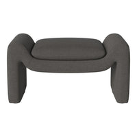 Gray upholstered ottoman featuring a minimalist design and smooth texture, ideal for modern decor.