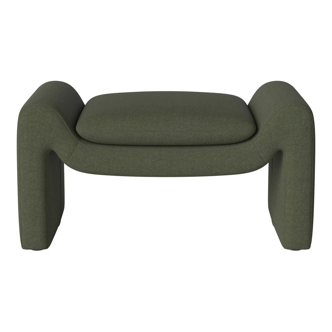 Olive green upholstered ottoman with a sleek, modern design and soft texture, perfect for contemporary interiors.