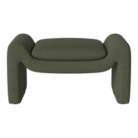 Olive green upholstered ottoman with a sleek, modern design and soft texture, perfect for contemporary interiors.