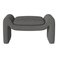 Gray upholstered ottoman with a minimalist design and soft fabric finish, ideal for modern interiors.