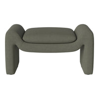 Olive green upholstered ottoman with a soft, textured finish and rounded edges, perfect for modern decor.