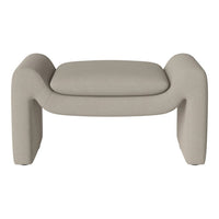 Beige upholstered ottoman with a minimalist design and smooth, clean lines. Perfect for any modern decor.
