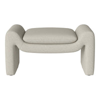 Light beige upholstered ottoman with a textured pattern and rounded edges for a modern touch.