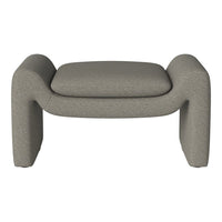 Gray upholstered ottoman with soft texture and rounded edges, perfect for modern decor.