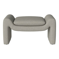 Light gray ottoman with a textured pattern, featuring soft rounded edges and a minimalist design. Perfect for modern decor.