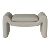 Beige textured ottoman with rounded edges and a minimalist design, perfect for modern home decor.