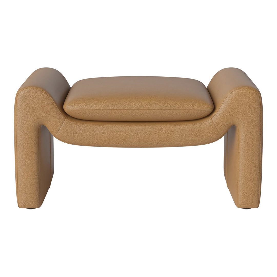Tan leather ottoman with smooth texture and minimalist, modern design.