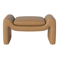 Tan leather ottoman with smooth texture and minimalist, modern design.